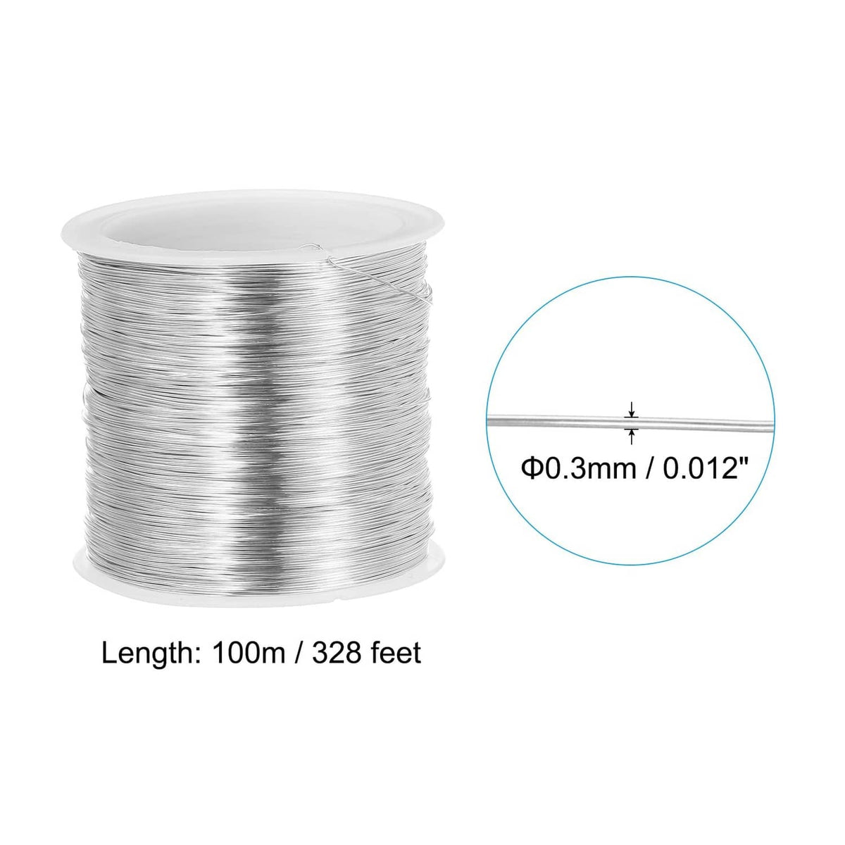 Silver-colored 28 gauge copper wire spool with shown wire thickness 0.3mm