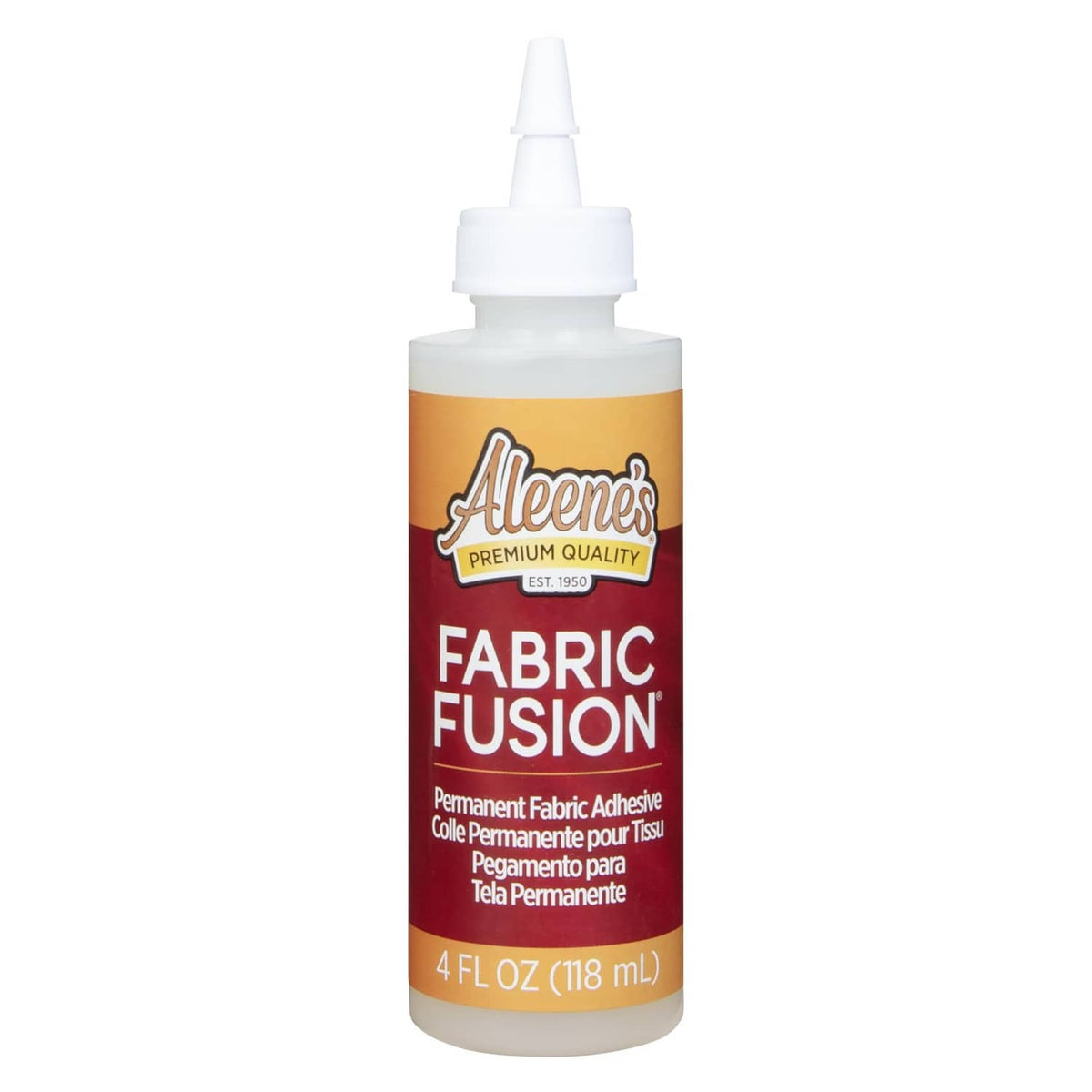 Aleene's Fabric Fusion permanent adhesive bottle with white pour cap, 4 fl oz.
