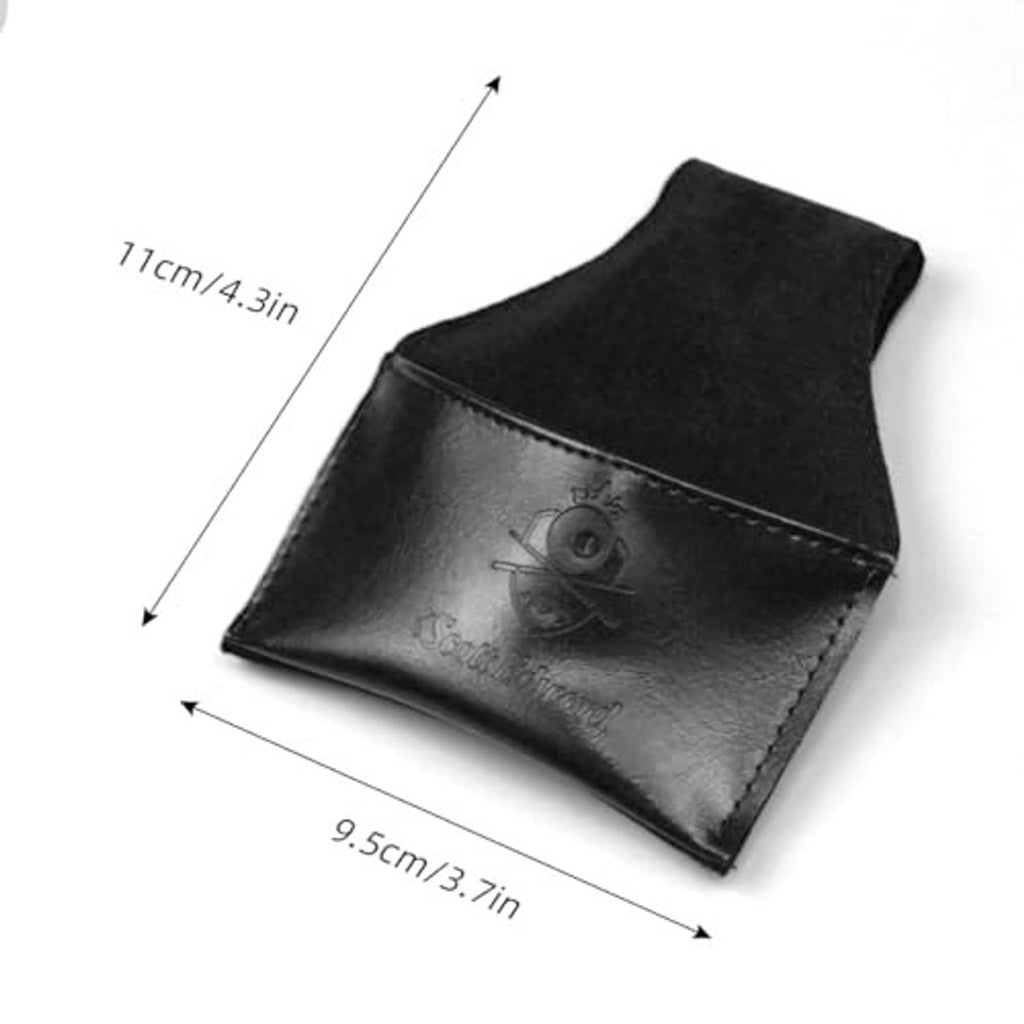 Black PU leather chalk holder pouch with embossed logo; dimensions shown
