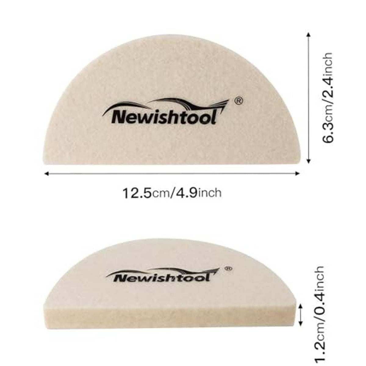 Beige wool felt squeegee pad size diagram with Newishtool logo, curved semicircle