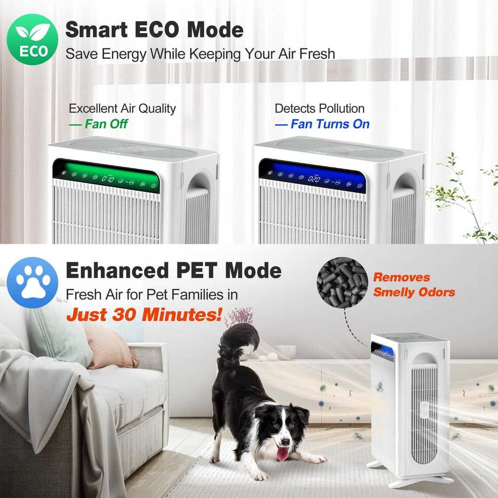 White air purifier with green control panel and side handle-style outlet