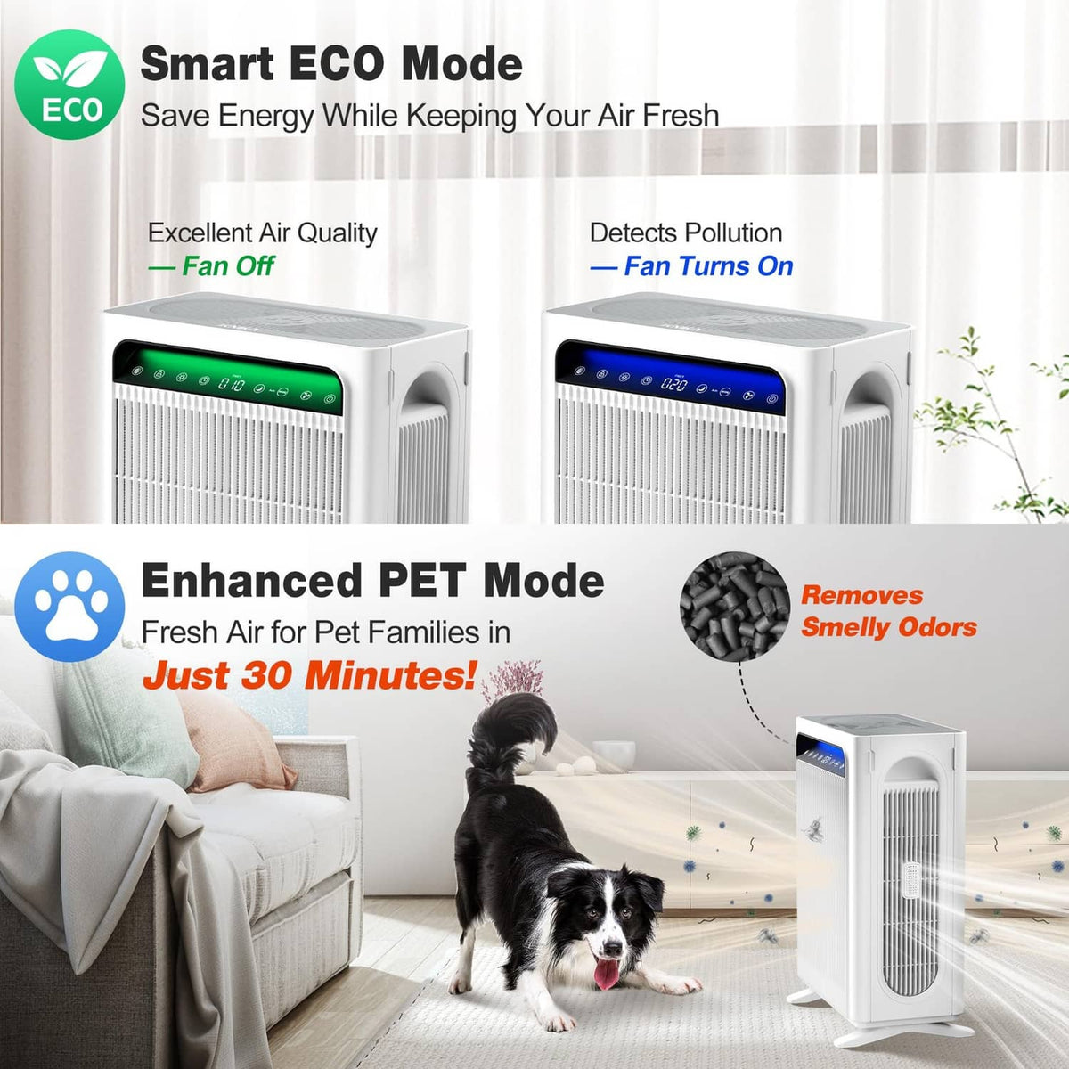 White air purifier with green control panel and side handle-style outlet