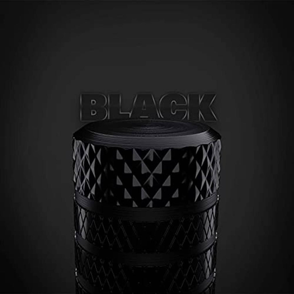 Single black tire valve stem cap with textured diamond grip and flat top