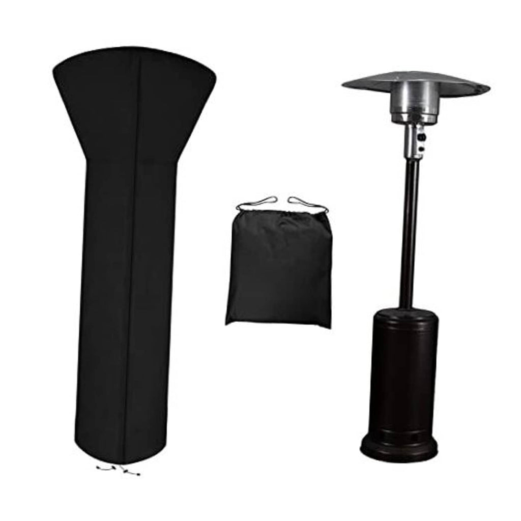 Black patio heater cover with adjustable cord hem and matching storage bag.