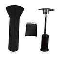 Black patio heater cover with adjustable cord hem and matching storage bag.