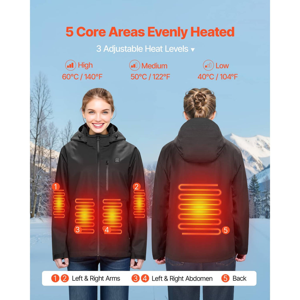 Black heated jacket with illuminated back heat panels on model, hooded design