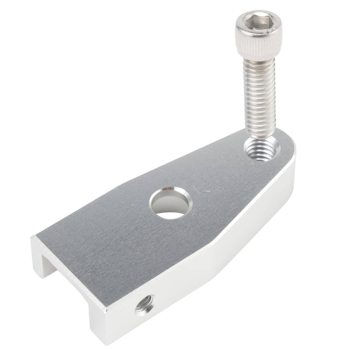 Gray metal bracket with circular hole and threaded bolt on angled plate