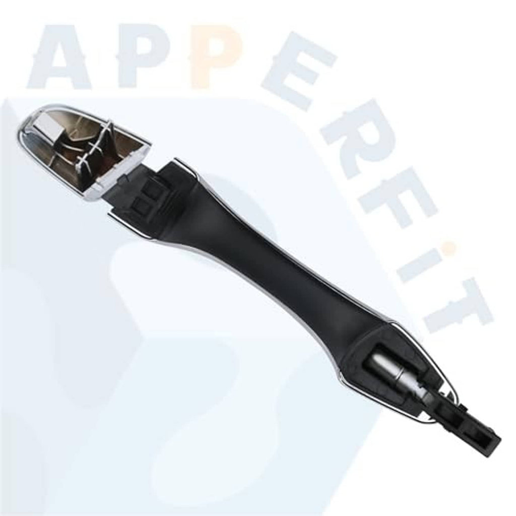 Exterior door handle end cap and black base with visible mounting opening