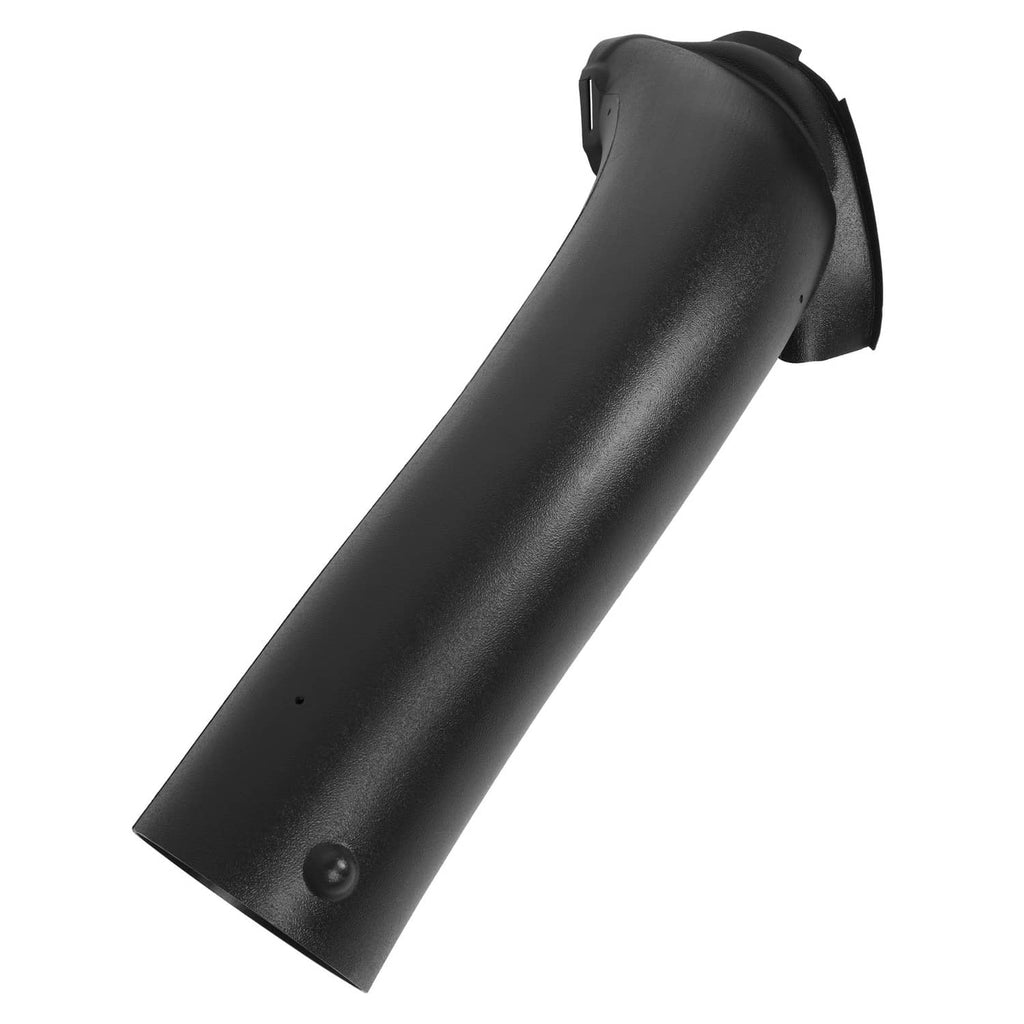 Black mower lower discharge chute with side mounting bracket and fastener holes