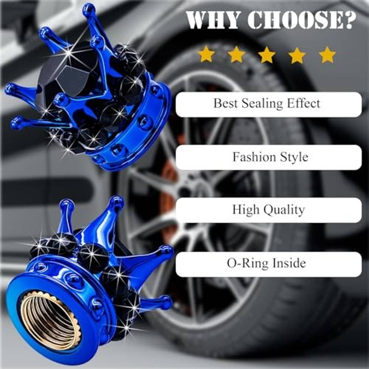 Set of four blue crown jeweled tire valve stem caps with black faceted crystals