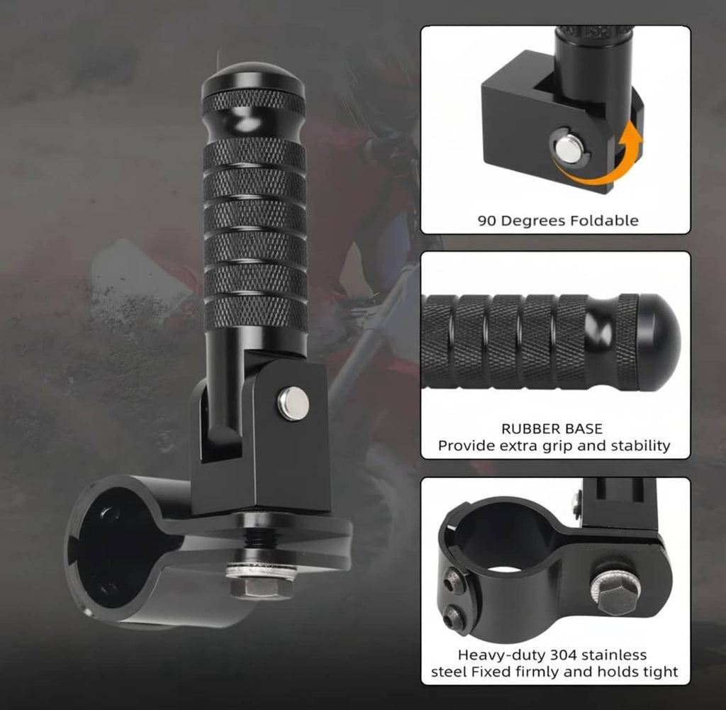 Black foldable 90-degree motorcycle foot peg with rubber base and heavy-duty bracket