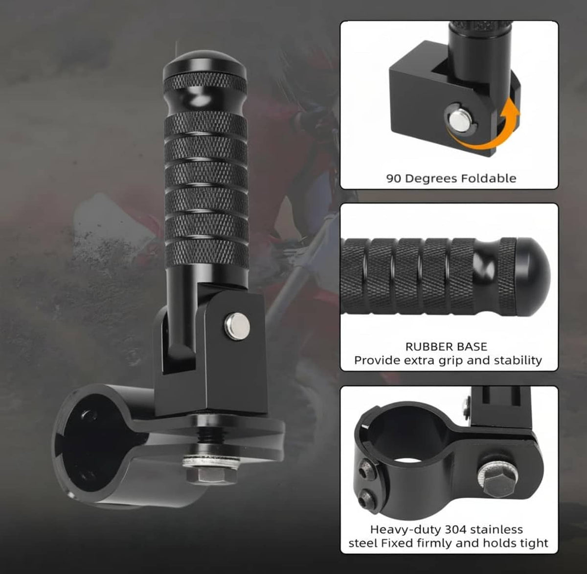 Black foldable 90-degree motorcycle foot peg with rubber base and heavy-duty bracket