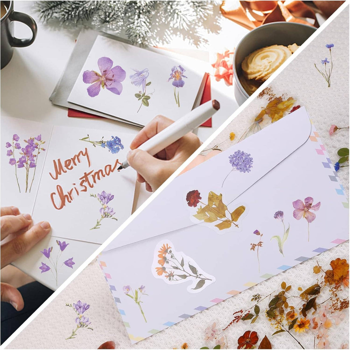 Envelopes and cards decorated with purple and orange flower stickers