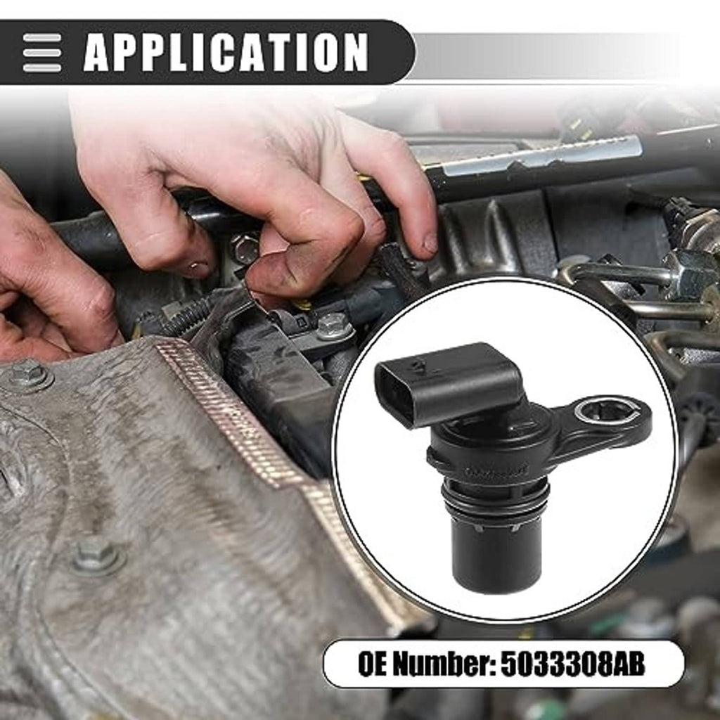 Black camshaft position sensor with connector port and mounting loop in inset