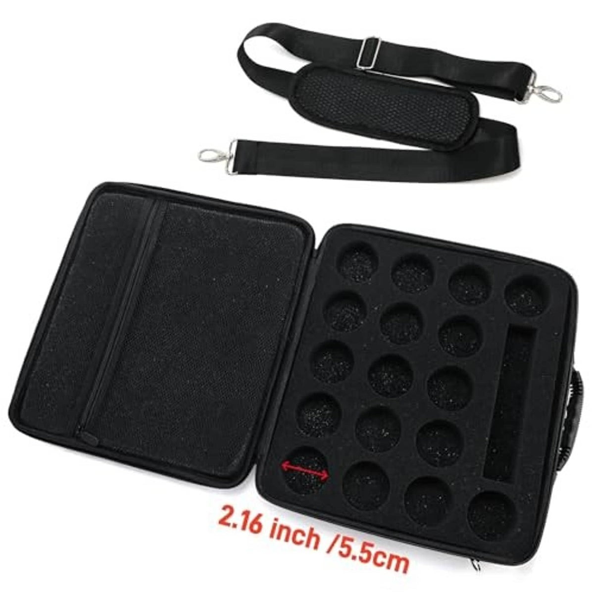 Black billiard ball case with inner panel and molded ball holder tray