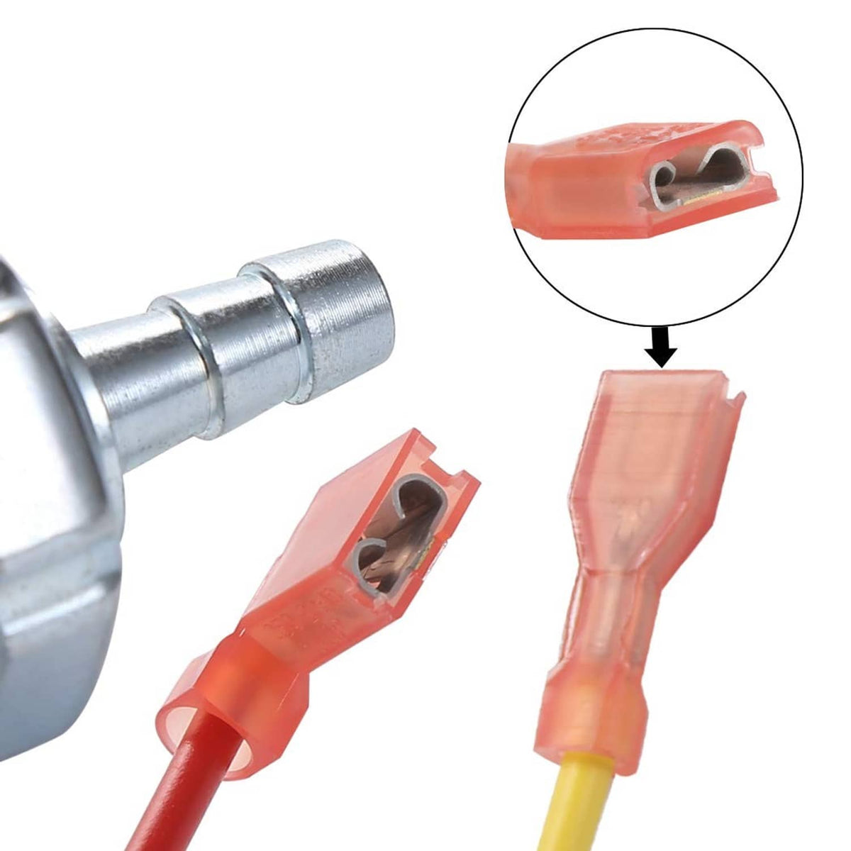 Air pressure switch connector terminals with red plastic housing and metal pins