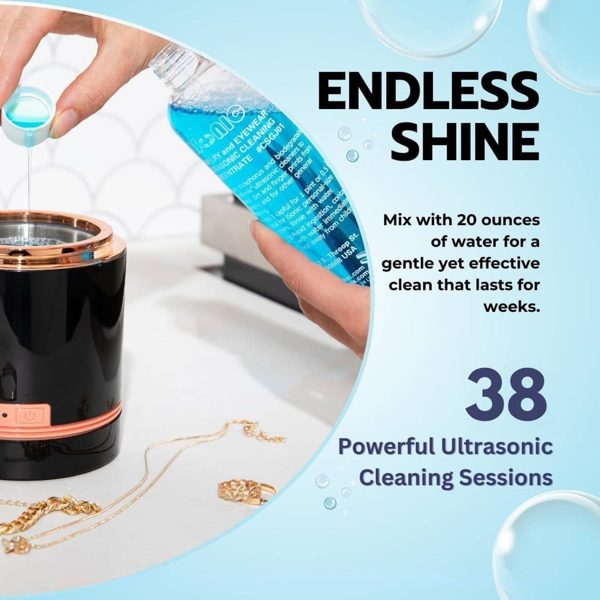 Ultrasonic cleaning solution concentrate bottle held in hand over ultrasonic jewelry cleaner