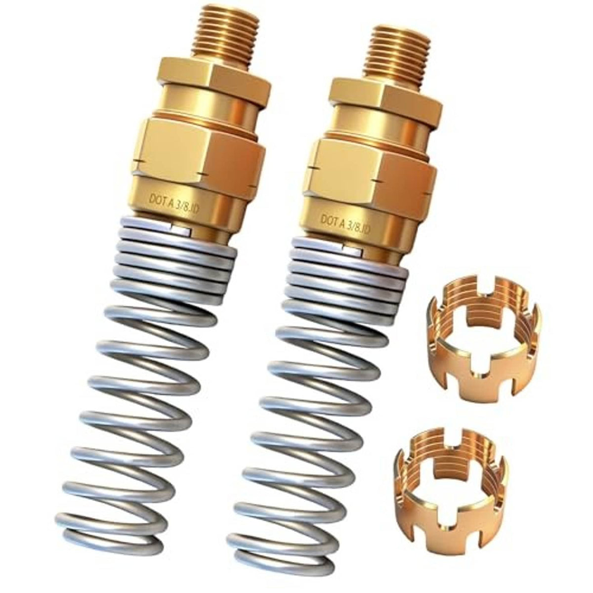 Two brass air brake hose end fittings with gray spring coils and two split retainer clips