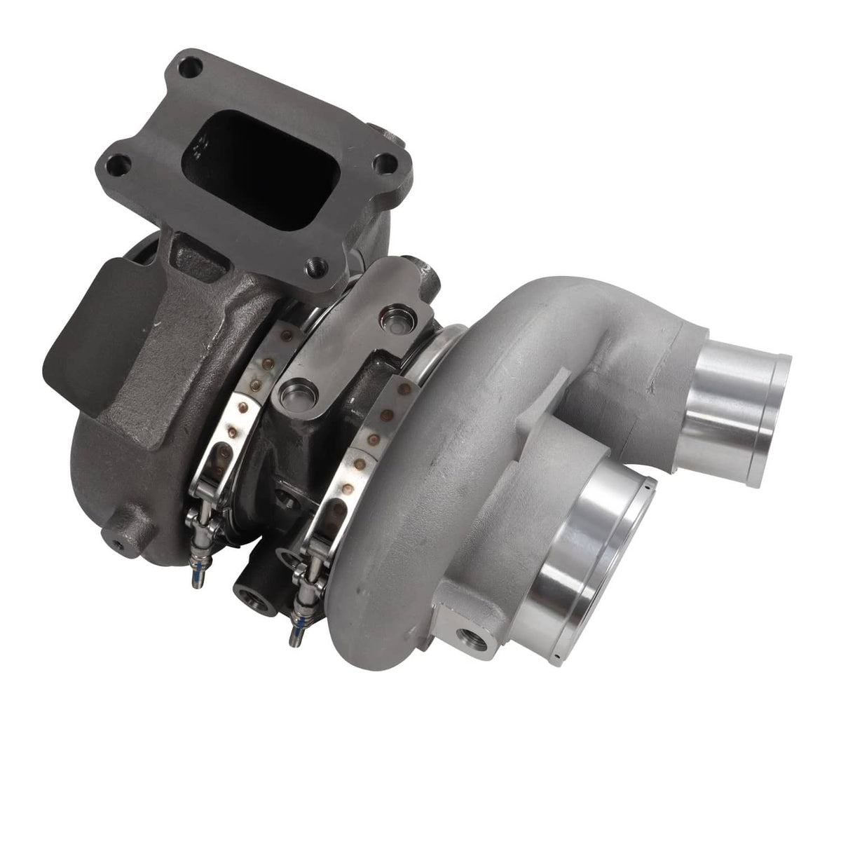 Diesel turbocharger with cast exhaust housing, compressor outlet, and side bracketry