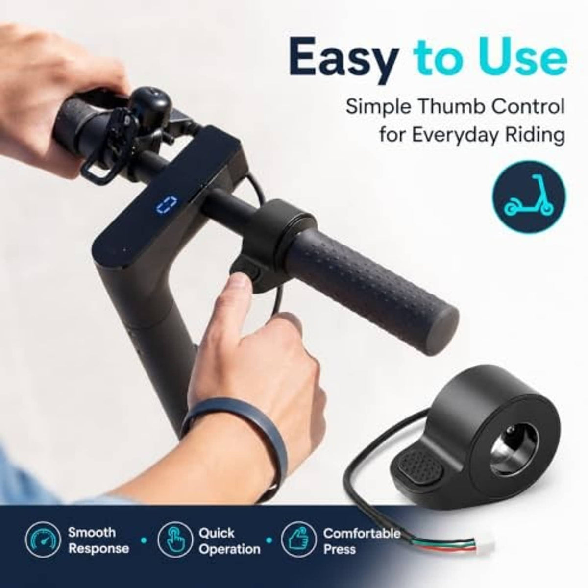 Thumb throttle replacement used on electric scooter handle with visible thumb control