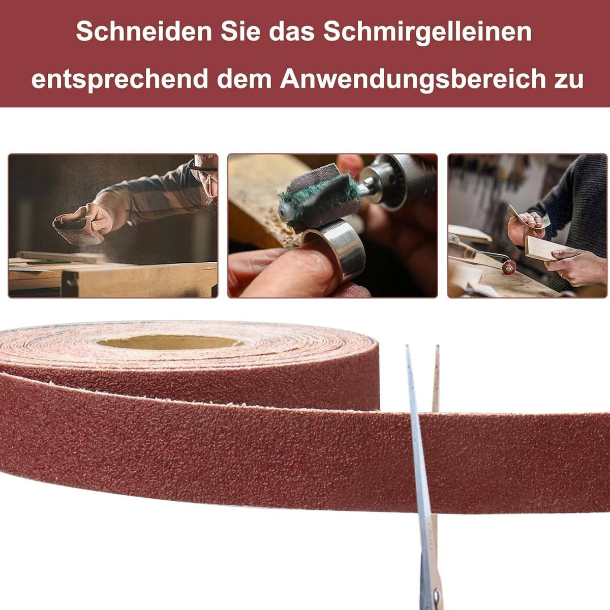 Red 240-grit emery cloth sandpaper roll with wide strip edge for cutting to size