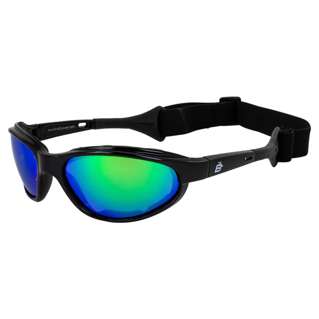 Black sports sunglasses with green mirror polarized lenses and padded foam strap
