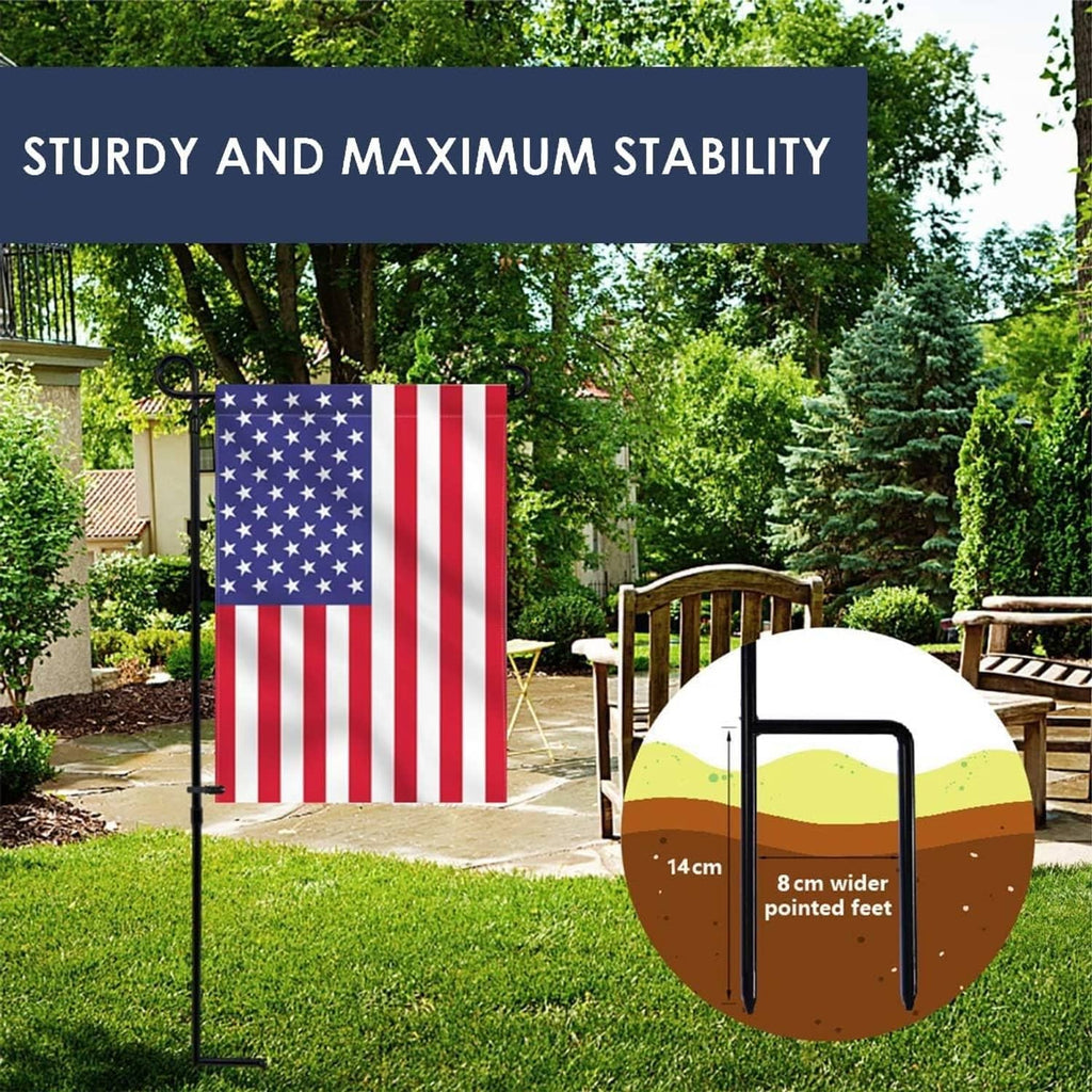 Black garden flag stand set with spike base and top hook, shown with clips for stability