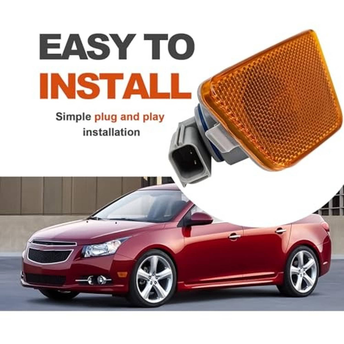 Amber front marker light with textured lens and plug connector, angled view