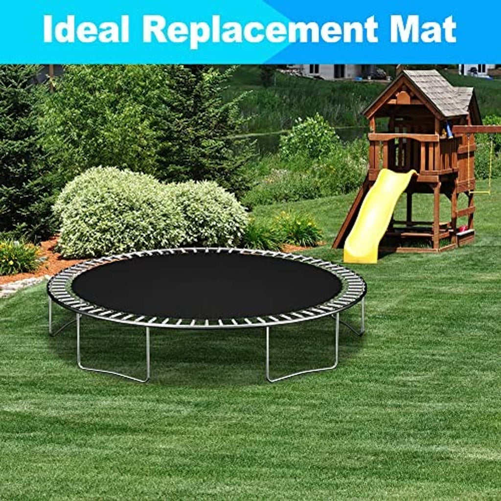 Round black trampoline replacement mat with silver spring-ring edge on outdoor lawn