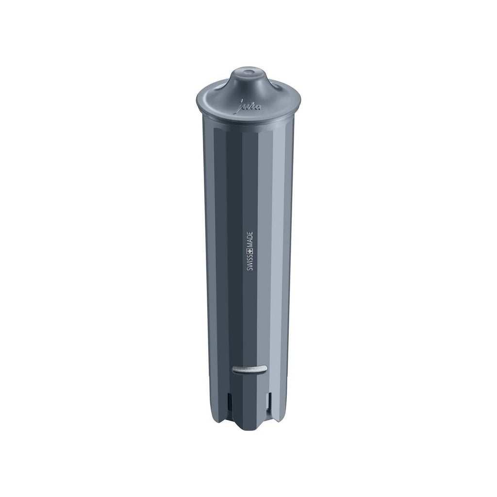 Gray Jura water filter cartridge with valve base, shown upright