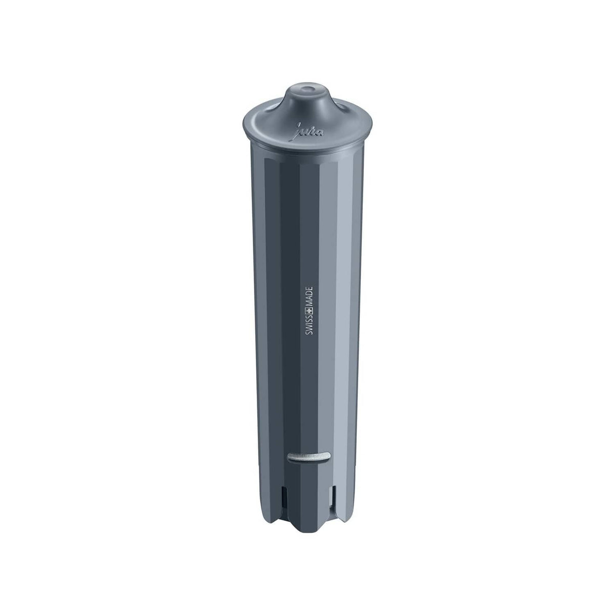 Gray Jura water filter cartridge with valve base, shown upright
