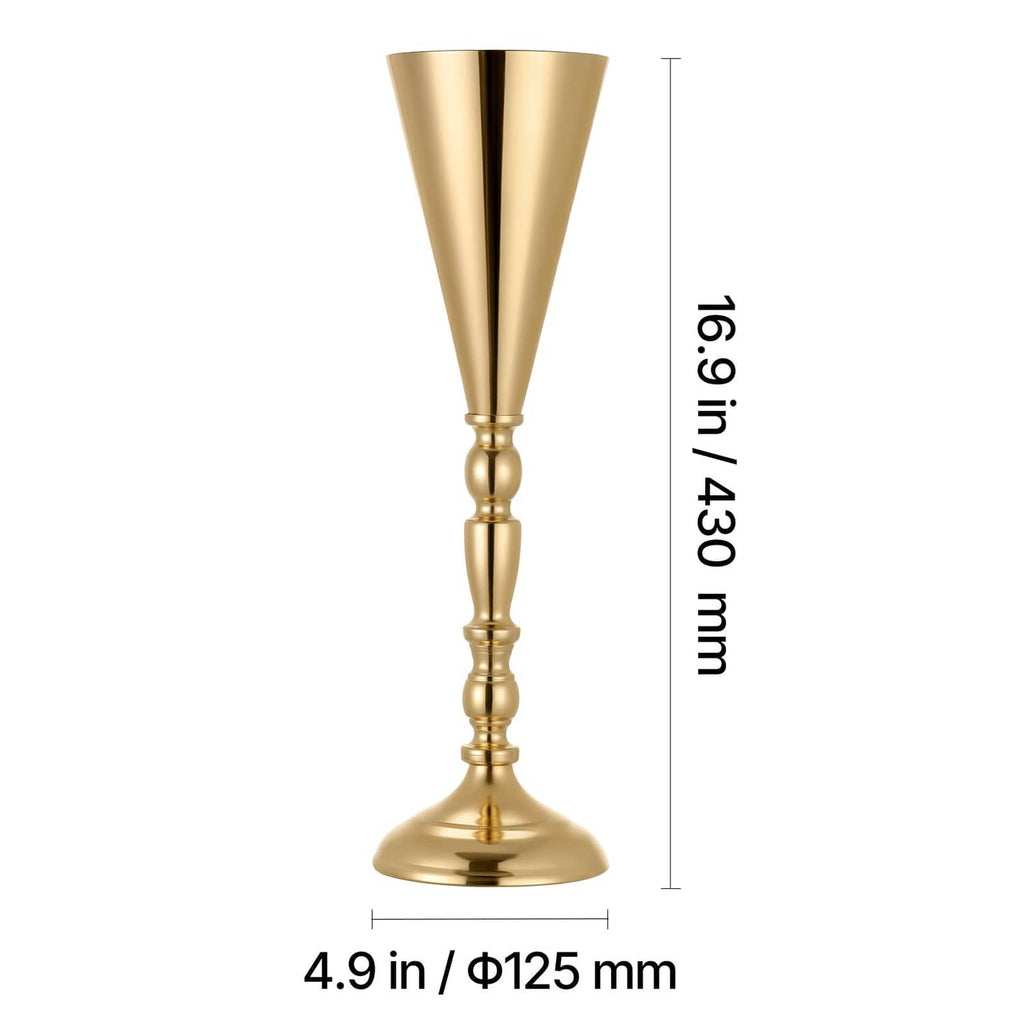 Gold trumpet vase centerpiece with flared top, ribbed stem, and round pedestal base
