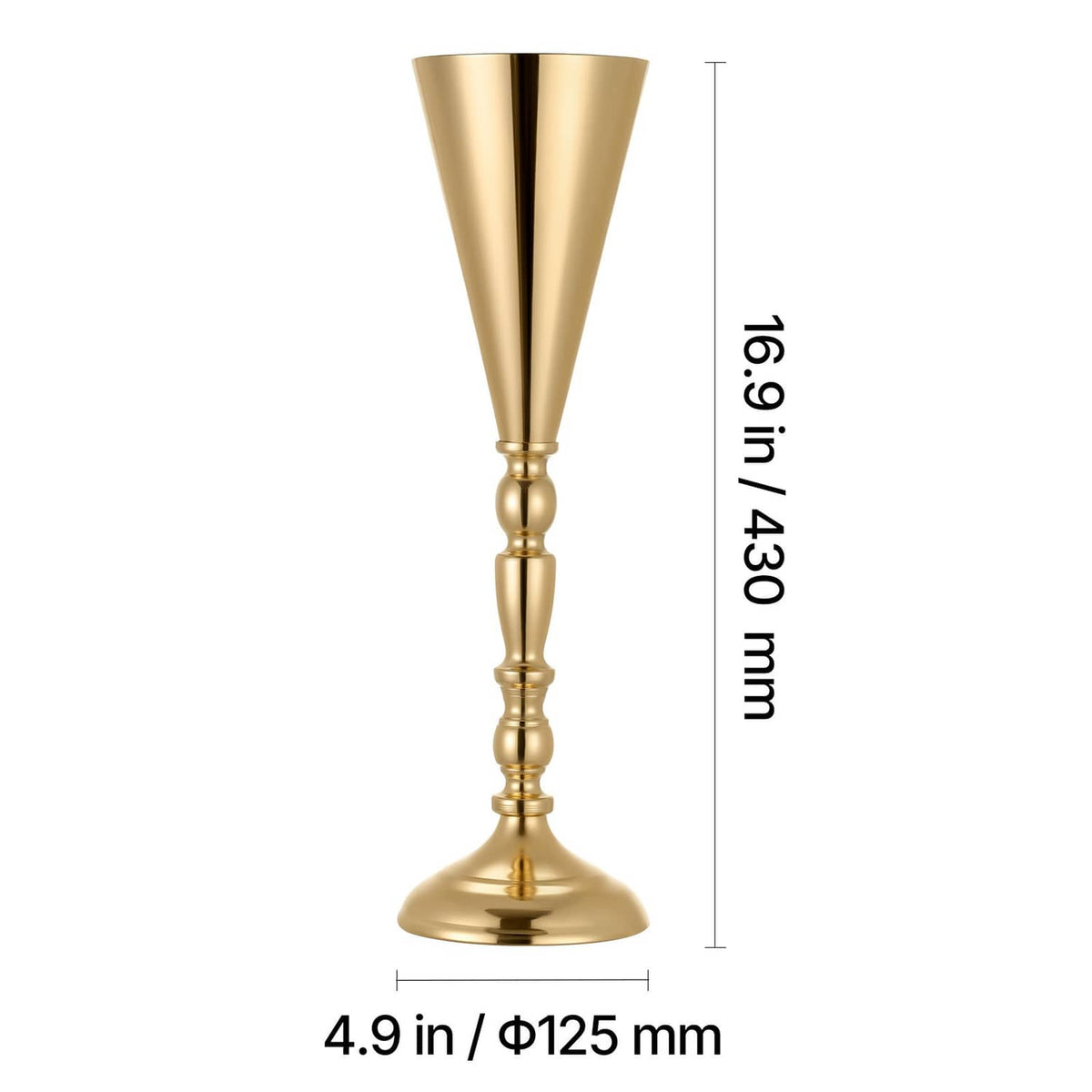 Gold trumpet vase centerpiece with flared top, ribbed stem, and round pedestal base