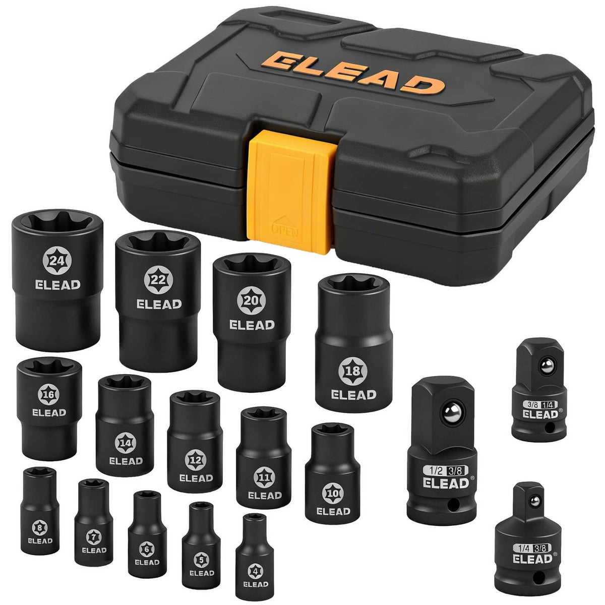 Black impact socket set with E-torx sockets and molded plastic carrying case