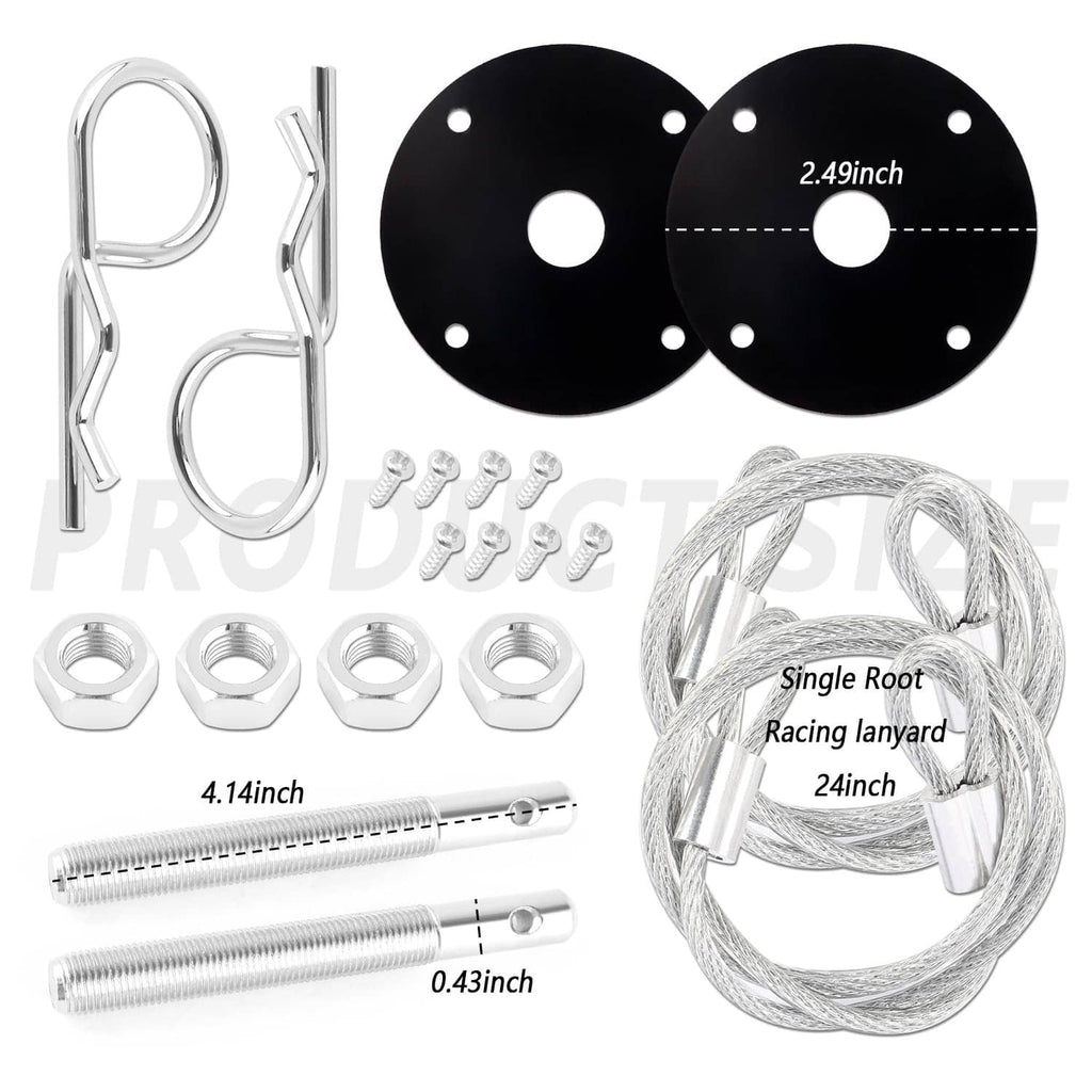Hood pin kit parts: two black round plates, silver rods, wire loop, nuts and bolts
