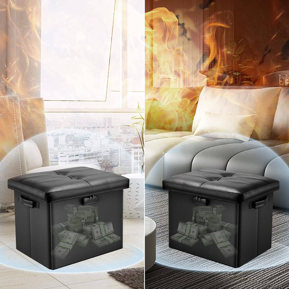 Black storage ottoman with padded top, side latches, and visible storage compartment.