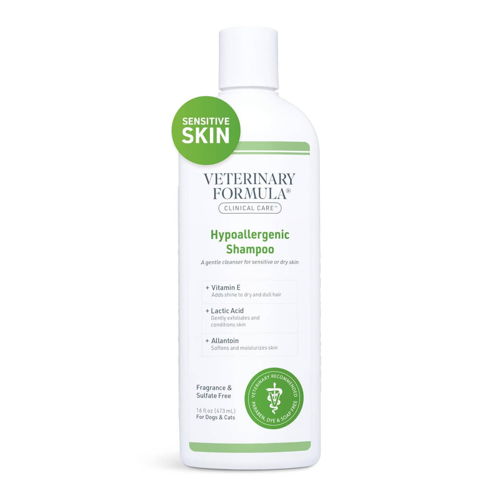 Hypoallergenic dog shampoo bottle, white with green label and white cap