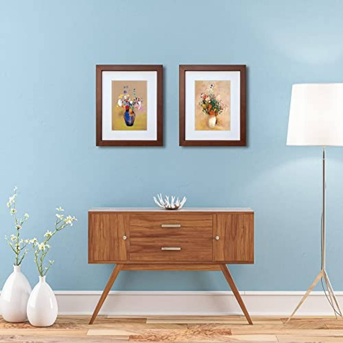 Two brown solid-wood 11x14 picture frames with white mats and glass fronts