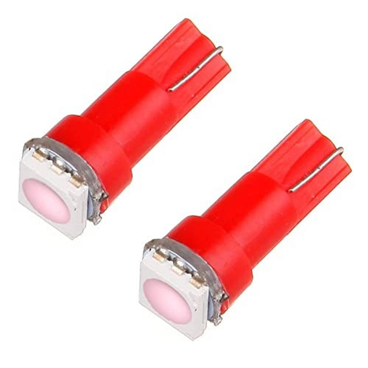 Pair of pink T5 LED wedge bulbs with red housing and metal contacts
