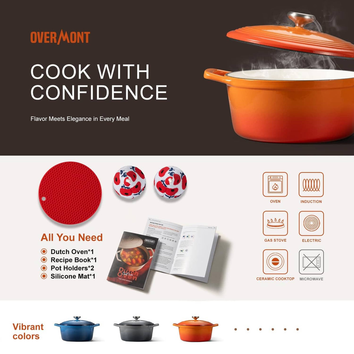 Orange enameled cast iron Dutch oven promotional layout with cookware accessory items