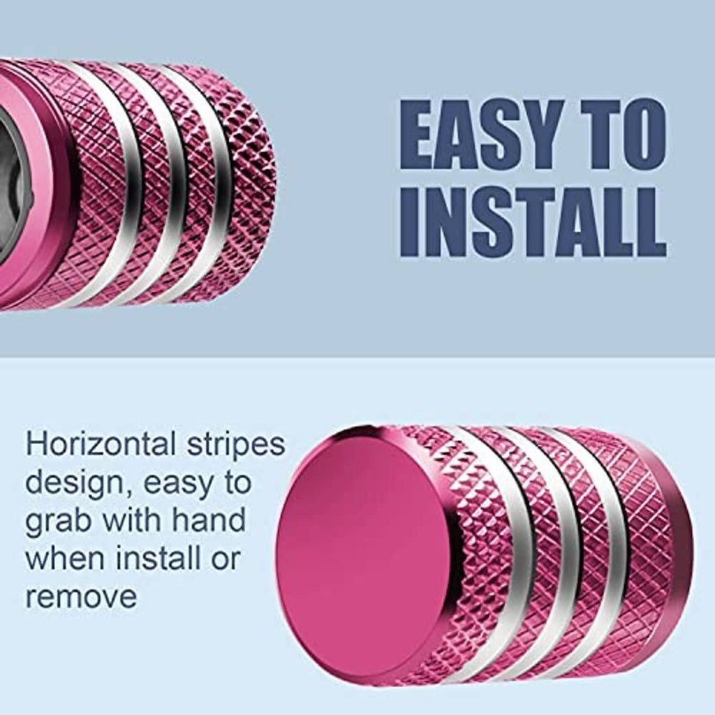 Pink metal tire valve stem cap cover with round top and ribbed grip stripes