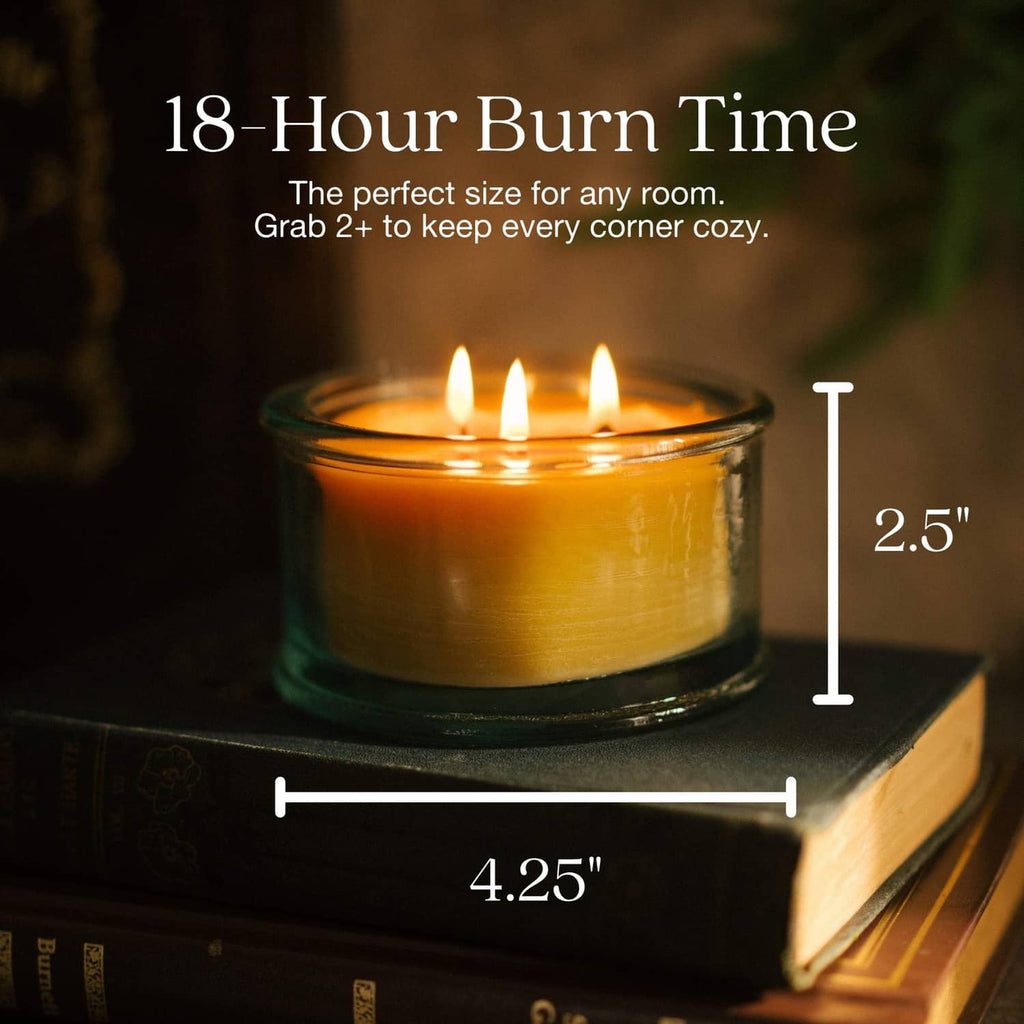 Lavender 3-wick beeswax candle with three flames and measurement markings