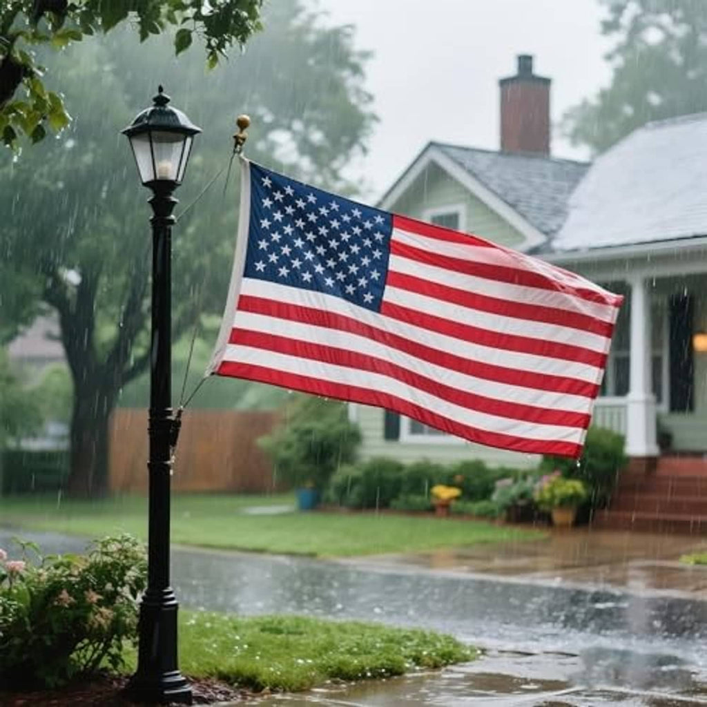 American flag on a pole with red-and-white stripes and blue star field in rain