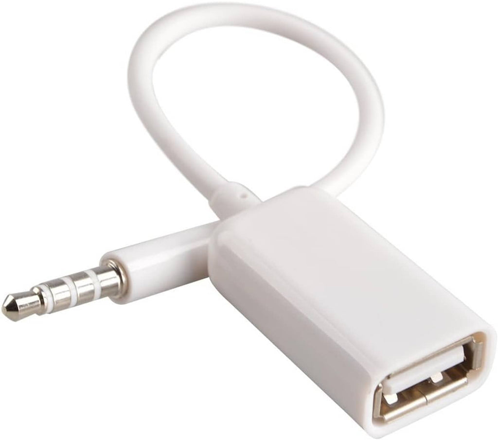 White 3.5mm AUX male to USB 2.0 female adapter cable with connectors