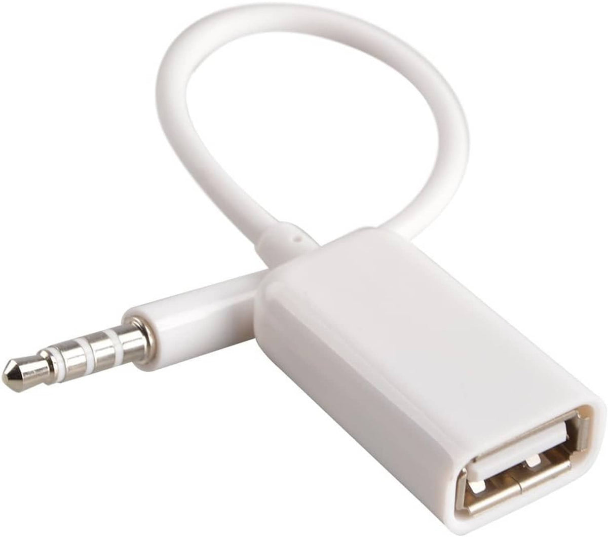 White 3.5mm AUX male to USB 2.0 female adapter cable with connectors