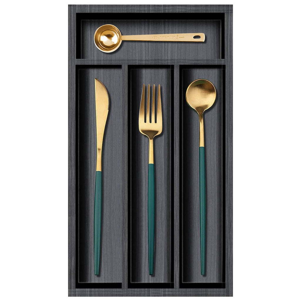 Black narrow cutlery organizer tray with three utensil slots
