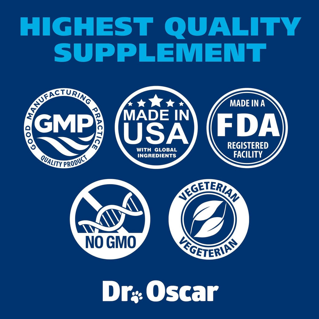 Dr. Oscar taurine supplement label with quality badges: GMP, Made in USA, FDA, no GMO