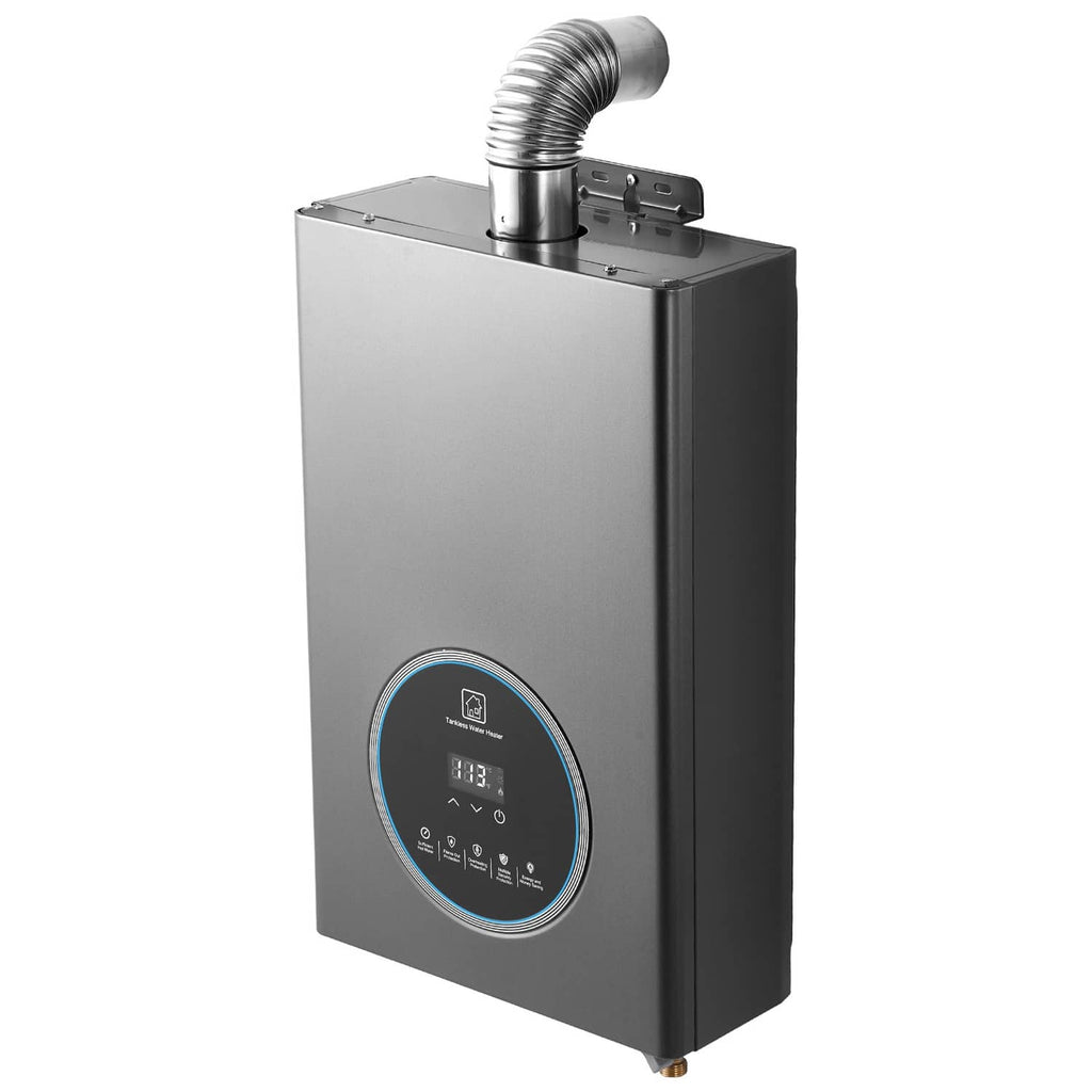 Stainless propane tankless water heater with top vent pipe and front LED temperature display