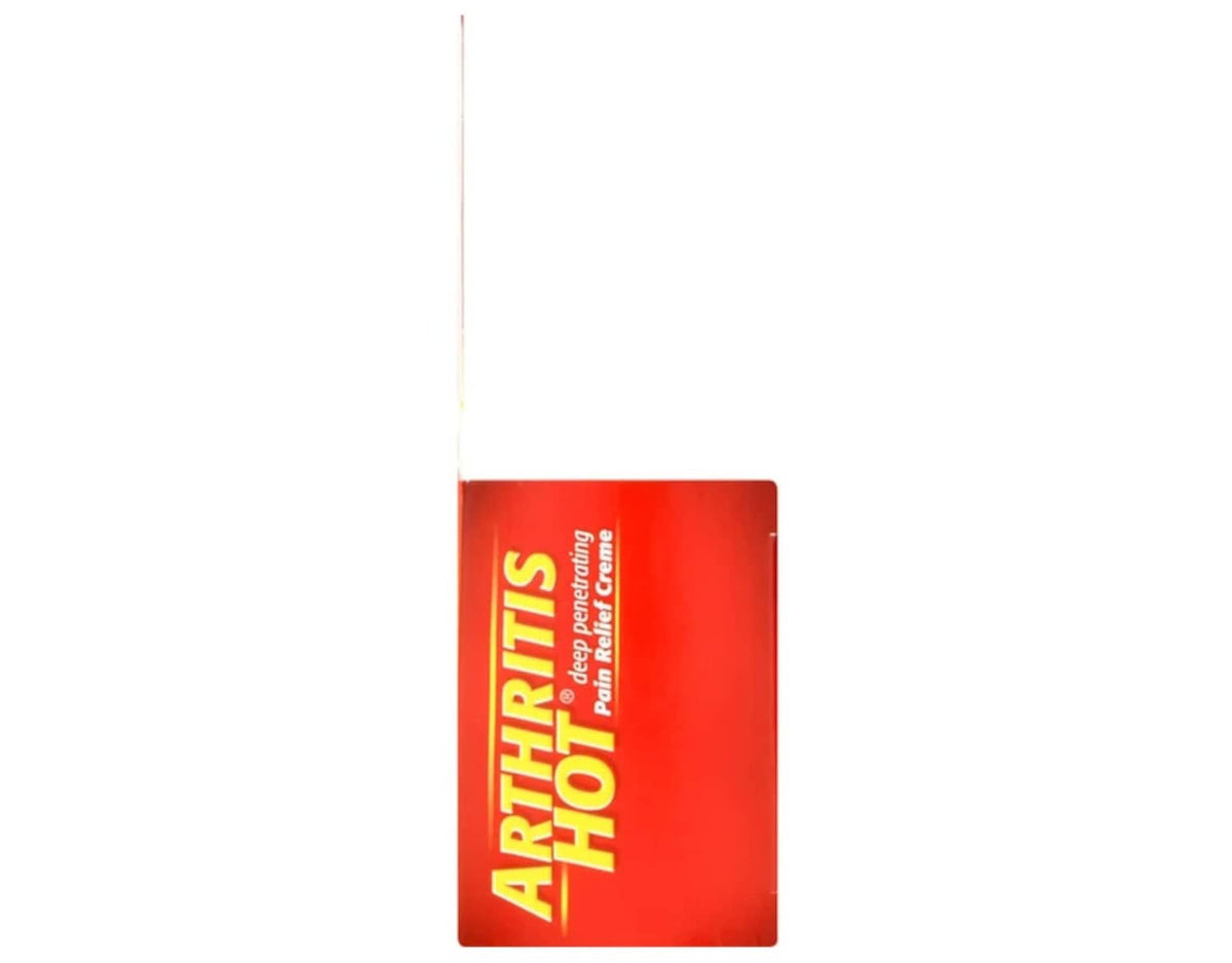 Pain relief creme box side panel with vertical “Arthritis Hot” text and open top