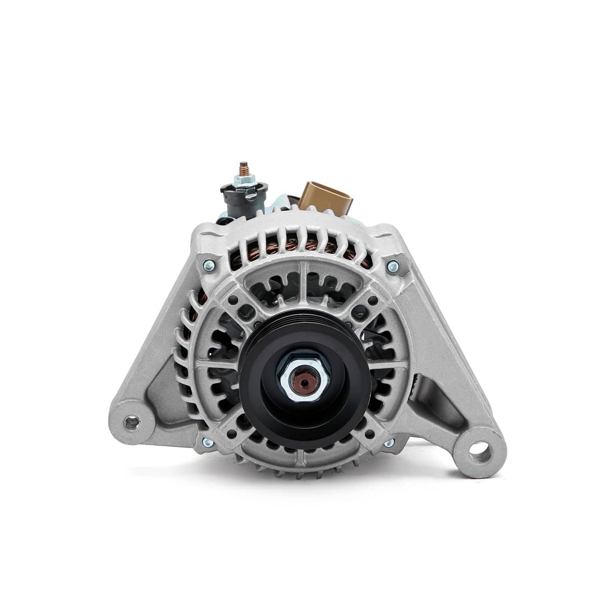 Silver alternator facing front with black pulley hub and four mounting ears